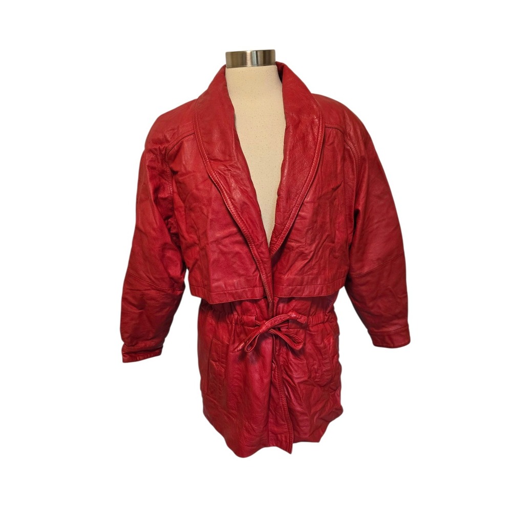 Vintage 90s Wilsons Red Leather Coat Womens Size Medium Tie Waist